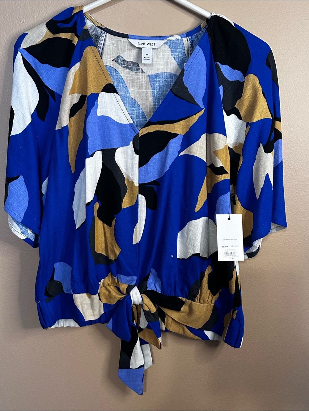 Nine West Abstract Print Tie-Front Crop Blouse Size M NWT